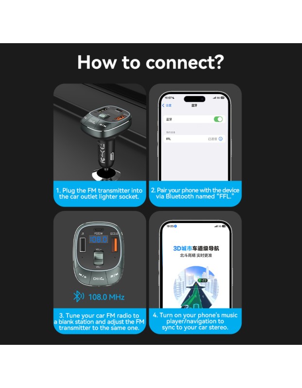 Vention Car FM Transmitter, USB Music Player & Charger 3xUSB 30W/18W/5W FFLB0