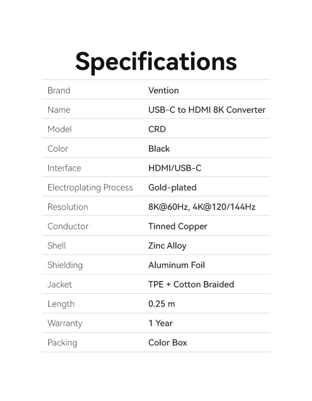 Vention Converter USB-C to HDMI Adaptor 0.25m 8K60Hz Metal CRDBC