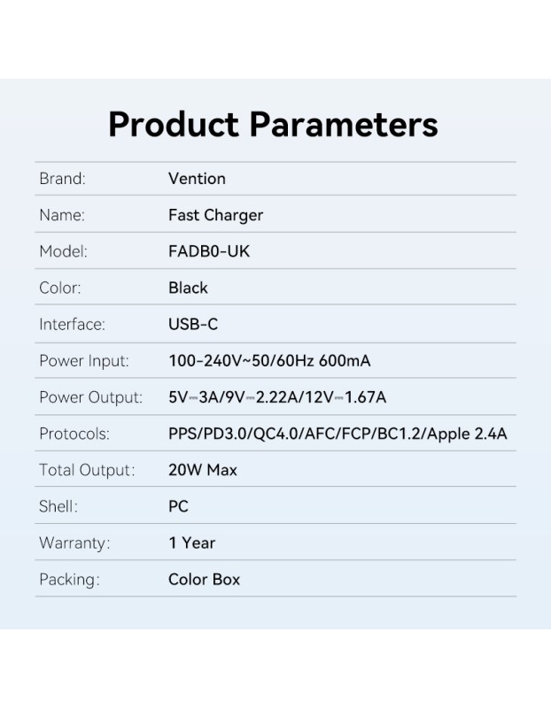 Vention Charger Wall 20W 1xUSBC Black FADB0-UK