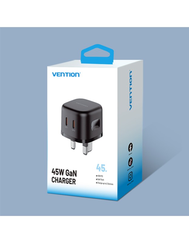 Vention Charger Wall GaN 45W 2xUSBC Black FESB0-UK
