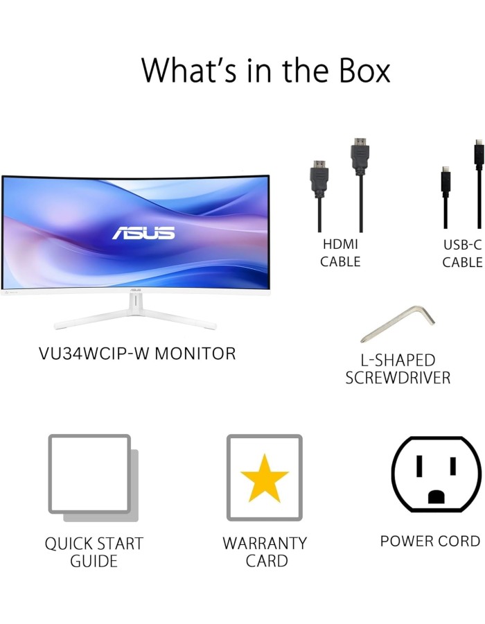 ASUS Monitor EyeCare 34" UWQHD 100Hz VA Curved 1500R Air-Ionizer USB Hub DP HDMI USB-C PD Speakers VU34WCIP-W White ASUS Monitor EyeCare 34" UWQHD 100Hz VA Curved 1500R Air-Ionizer USB Hub DP HDMI USB-C PD Speakers VU34WCIP-W White