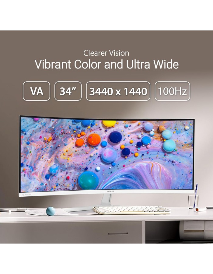 ASUS Monitor EyeCare 34" UWQHD 100Hz VA Curved 1500R Air-Ionizer USB Hub DP HDMI USB-C PD Speakers VU34WCIP-W White ASUS Monitor EyeCare 34" UWQHD 100Hz VA Curved 1500R Air-Ionizer USB Hub DP HDMI USB-C PD Speakers VU34WCIP-W White
