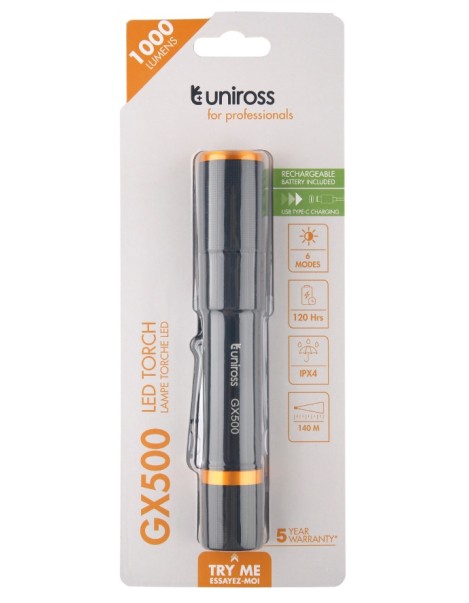 Uniross GX500 USB Rechargeable Torch IP44 Waterproof Aluminium 1000 lumens 140m Beam 120hrs Battery Uniross GX500 USB Rechargeable Torch IP44 Waterproof Aluminium 1000 lumens 140m Beam 120hrs Battery
