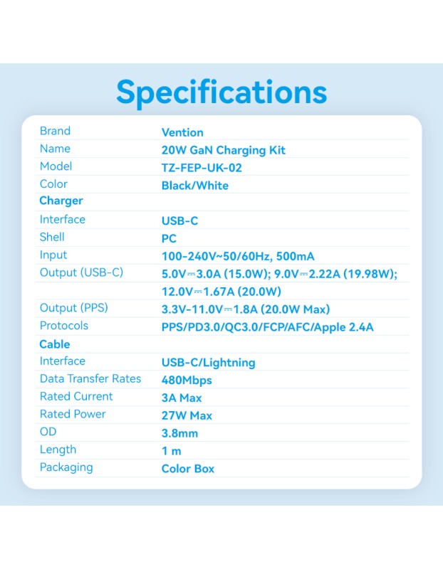 Vention Charger Wall GaN 20W 1xUSBC UK+Lightning Cable White FEPW0