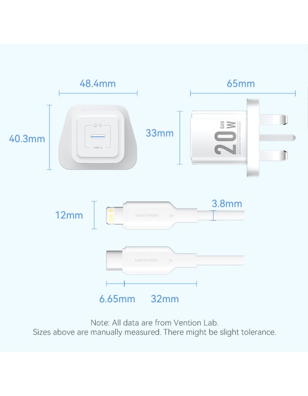Vention Charger Wall GaN 20W 1xUSBC UK+Lightning Cable White FEPW0