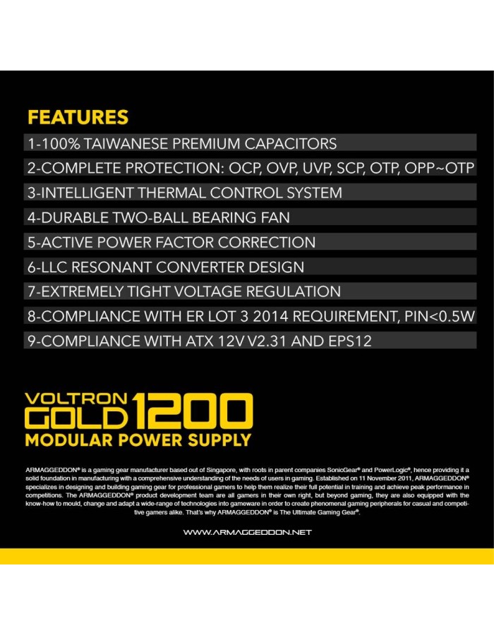 Armaggeddon Gaming PSU 1200W Modular & Certified 80+ VOLTRON GOLD 1200 Black