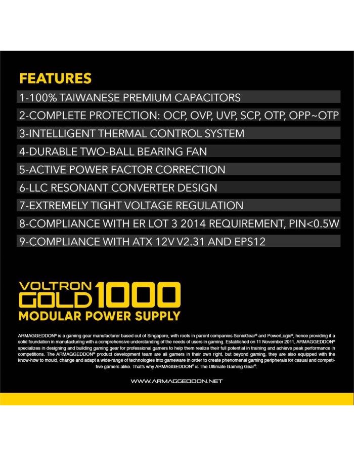 Armaggeddon VOLTRON GOLD 1000 Certified 1000W Modular Gaming Power Supply