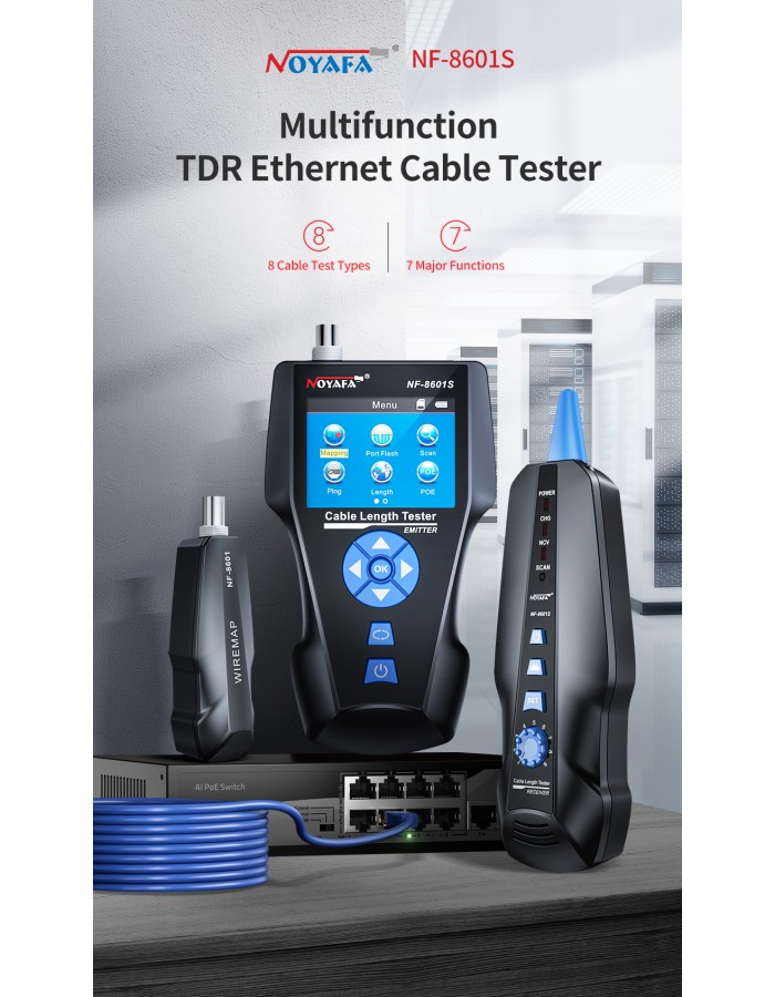 Noyafa Multi-Function Cable Tester with PoE, Ping, TDR Length Measurement, Port Flashing & NCV for RJ45, RJ11, BNC, CAT7 NF-8601S