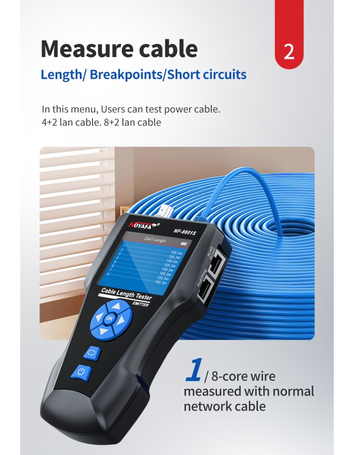 Noyafa Multi-Function Cable Tester with PoE, Ping, TDR Length Measurement, Port Flashing & NCV for RJ45, RJ11, BNC, CAT7 NF-8601S