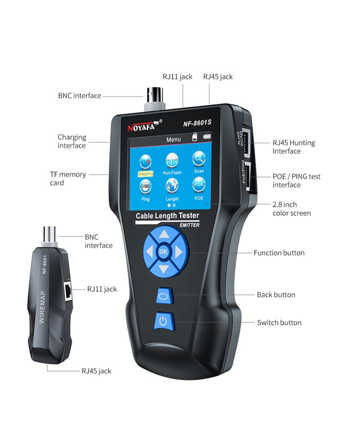 Noyafa Multi-Function Cable Tester with PoE, Ping, TDR Length Measurement, Port Flashing & NCV for RJ45, RJ11, BNC, CAT7 NF-8601S Noyafa Multi-Function Cable Tester with PoE, Ping, TDR Length Measurement, Port Flashing & NCV for RJ45, RJ11, BNC, CAT7 NF-8601S