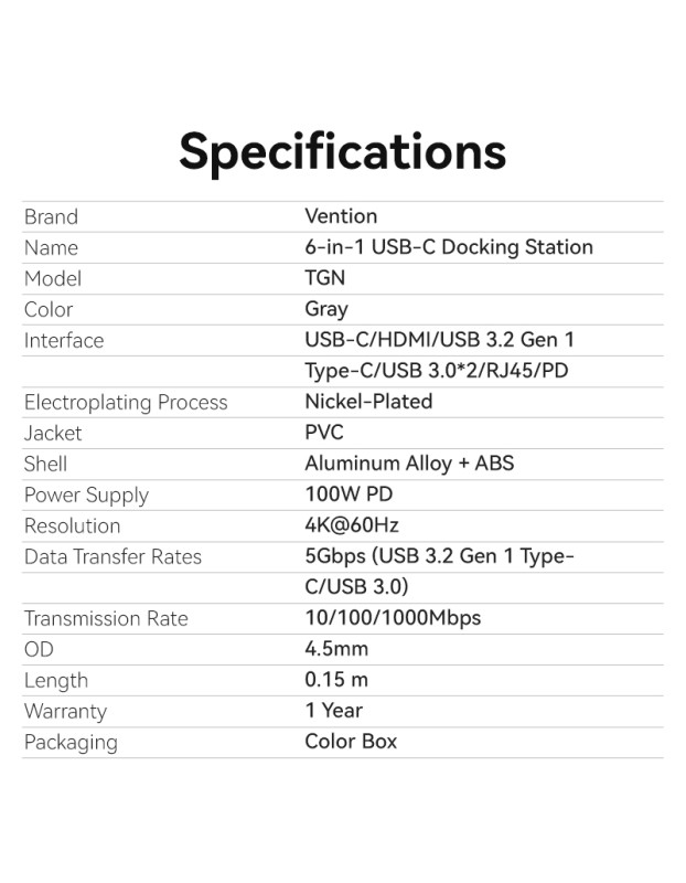 Vention HUB USB-C 1xUSB-C 3.2/2xUSB3.0/HDMI 4K60Hz/Gb/PD TGNHB Vention HUB USB-C 1xUSB-C 3.2/2xUSB3.0/HDMI 4K60Hz/Gb/PD TGNHB