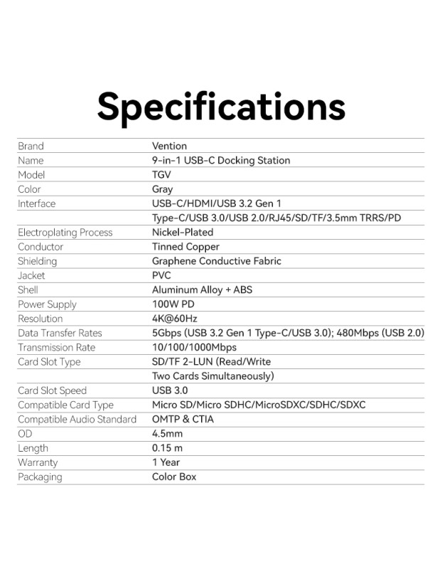 Vention HUB USB-C 1xUSB-C 3.2/USBA3.0/USBA2.0/HDMI 4K60Hz/RJ45/SD/3.5mm/PD TGVHB Vention HUB USB-C 1xUSB-C 3.2/USBA3.0/USBA2.0/HDMI 4K60Hz/RJ45/SD/3.5mm/PD TGVHB