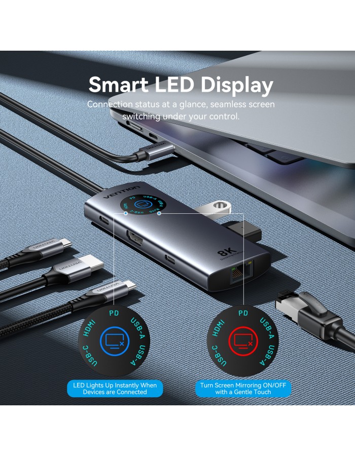 Vention HUB USB-C 3.2 Gen1/8K-HDMI/Gb/PD + LED Display & Switch TQZHB Vention HUB USB-C 3.2 Gen1/8K-HDMI/Gb/PD + LED Display & Switch TQZHB