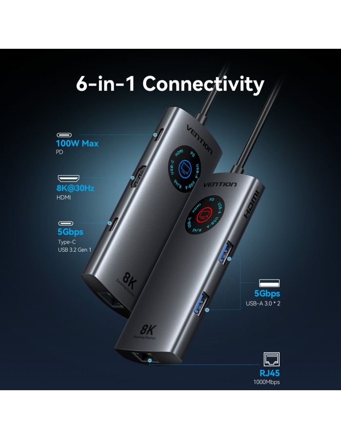 Vention HUB USB-C 3.2 Gen1/8K-HDMI/Gb/PD + LED Display & Switch TQZHB Vention HUB USB-C 3.2 Gen1/8K-HDMI/Gb/PD + LED Display & Switch TQZHB