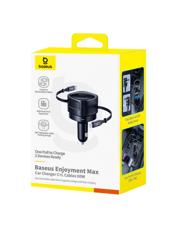 Baseus Car Charger 60W Enjoyment with Retractable Cables (C+C) Black Baseus Car Charger 60W Enjoyment with Retractable Cables (C+C) Black