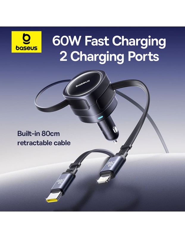 Baseus Car Charger 60W Enjoyment with Retractable Cables (C+C) Black Baseus Car Charger 60W Enjoyment with Retractable Cables (C+C) Black