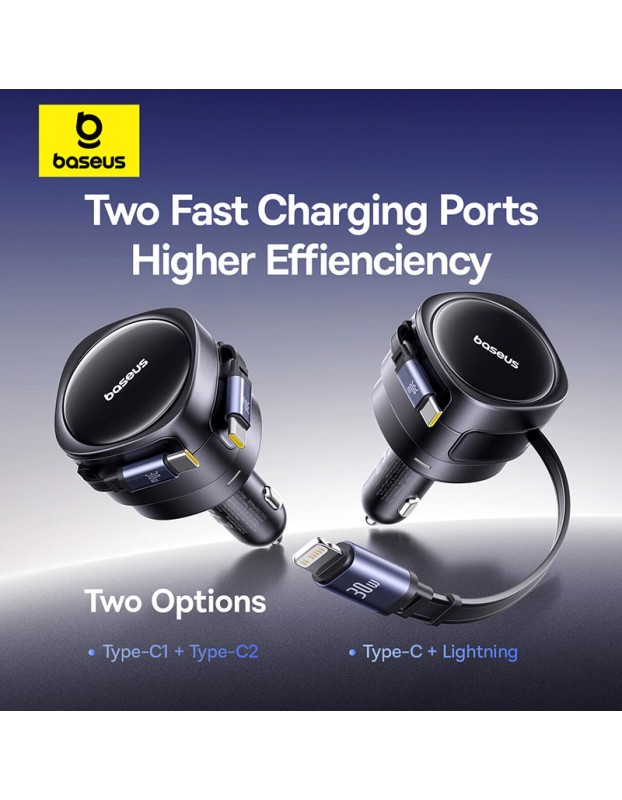 Baseus Car Charger 60W Enjoyment with Retractable Cables (C+C) Black Baseus Car Charger 60W Enjoyment with Retractable Cables (C+C) Black