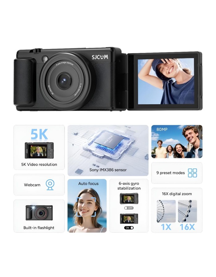 SJCAM ZV200 5K 80MP Flip Screen Digital Camera 16X Digital Zoom