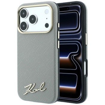 Karl Lagerfeld Saffiano Small Script Metal Logo MagSafe Case for iPhone 17 Pro Max / 18 Pro Max - Beige