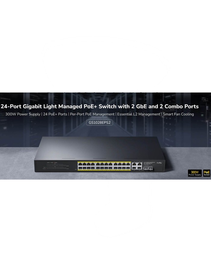 Cudy Switch PoE Gigabit Cloud Easy-Managed 24PoE + 2 RJ45/SFP Combo 300W GS1028EPS2 Cudy Switch PoE Gigabit Cloud Easy-Managed 24PoE + 2 RJ45/SFP Combo 300W GS1028EPS2