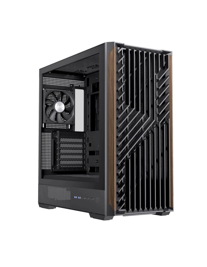 Einarex PC Case ATX P800 Core Black , Wood Front Panel, Tempered Glass Side Panel , 1 Rear Fan Pre-Installed