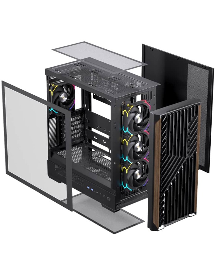 Einarex PC Case ATX P800 Core Black , Wood Front Panel, Tempered Glass Side Panel , 1 Rear Fan Pre-Installed