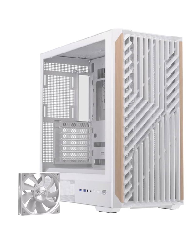 Einarex PC Case ATX P800 Core Black , Wood Front Panel, Tempered Glass Side Panel , 1 Rear Fan Pre-Installed White