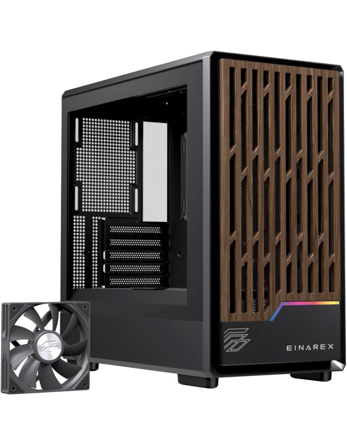 Einarex PC Case mATX PM400 Core, Wood Front Panel, Tempered Glass Side Panel , 1 Rear Fan Pre-Installed, Black Einarex PC Case mATX PM400 Core, Wood Front Panel, Tempered Glass Side Panel , 1 Rear Fan Pre-Installed, Black