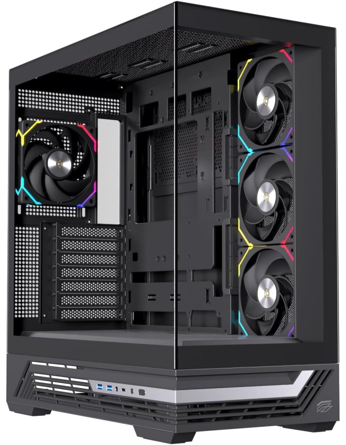 Einarex PC Case ATX S800 RGB, Tempered Glass Front and Side Panel, 4x Pre-Installed Fans, Black