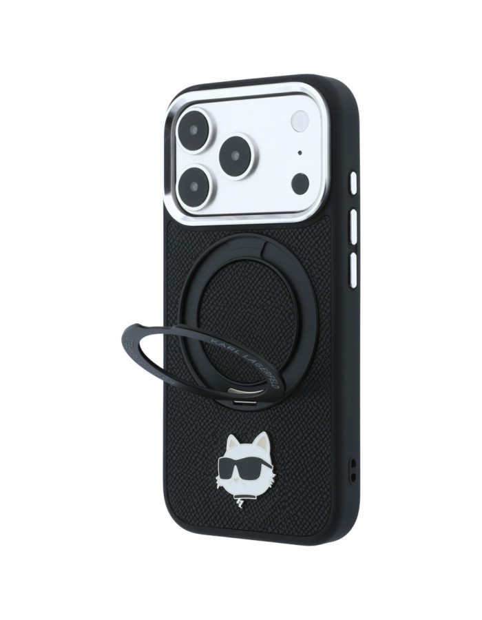Karl Lagerfeld with Ring Stand 360 Choupette Head Pin MagSafe Case for iPhone 18 Pro / 17 Pro - Black