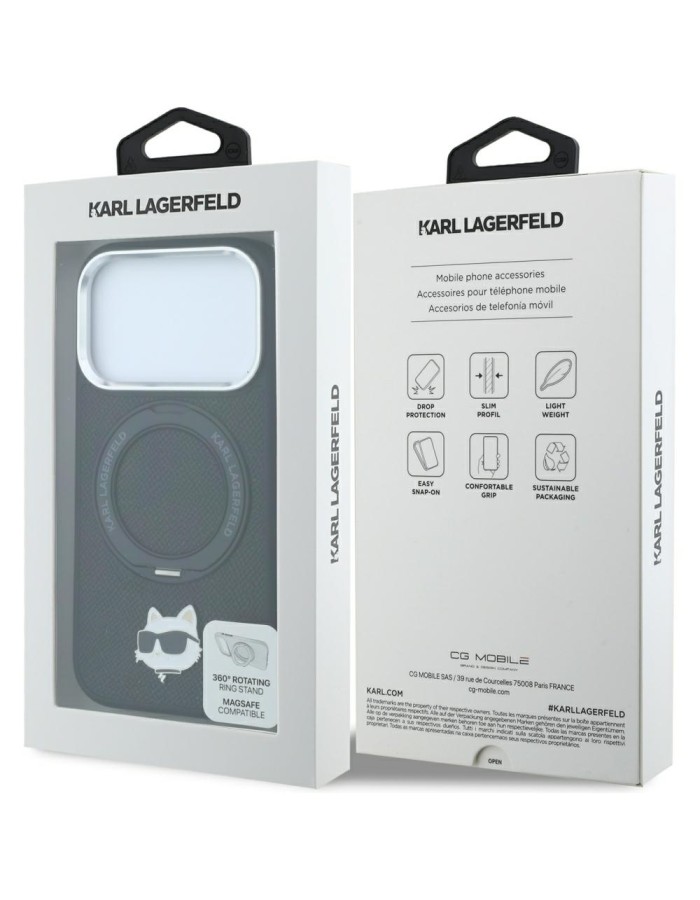 Karl Lagerfeld with Ring Stand 360 Choupette Head Pin MagSafe Case for iPhone 18 Pro / 17 Pro - Black