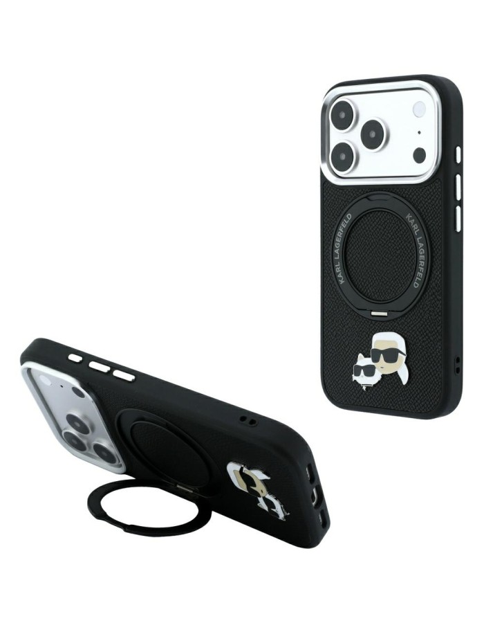 Karl Lagerfeld with Ring Stand 360 Karl & Choupette Heads Pin MagSafe Case for iPhone 18 Pro / 17 Pro - Black Karl Lagerfeld with Ring Stand 360 Karl & Choupette Heads Pin MagSafe Case for iPhone 18 Pro / 17 Pro - Black