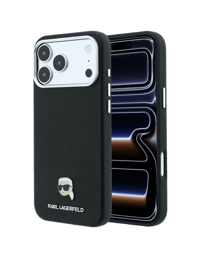 Karl Lagerfeld Grained Karl Head Metal MagSafe Case for iPhone 18 Pro / 17 Pro - Black