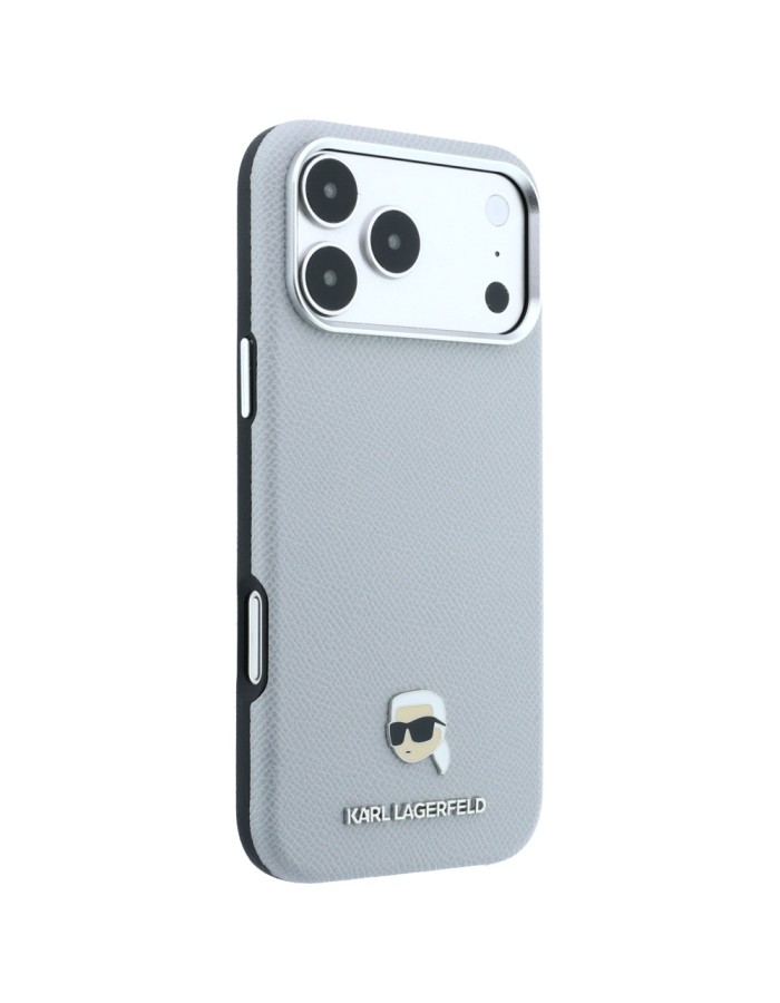 Karl Lagerfeld Grained Karl Head Metal MagSafe Case for iPhone 18 Pro / 17 Pro - Gray
