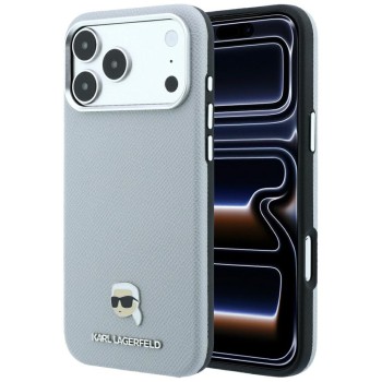 Karl Lagerfeld Grained Karl Head Metal MagSafe Case for iPhone 18 Pro Max / 17 Pro Max - Gray