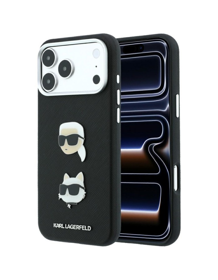 Karl Lagerfeld Saffiano Case with Karl &amp;amp; Choupette Heads Pins &amp;amp; Logo for iPhone 18 Pro Max / 17 Pro Max - Black