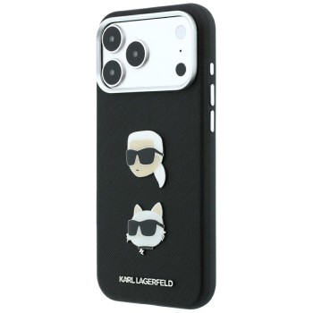 Karl Lagerfeld Saffiano Case with Karl & Choupette Heads Pins & Logo for iPhone 18 Pro Max / 17 Pro Max - Black Karl Lagerfeld Saffiano Case with Karl & Choupette Heads Pins & Logo for iPhone 18 Pro Max / 17 Pro Max - Black