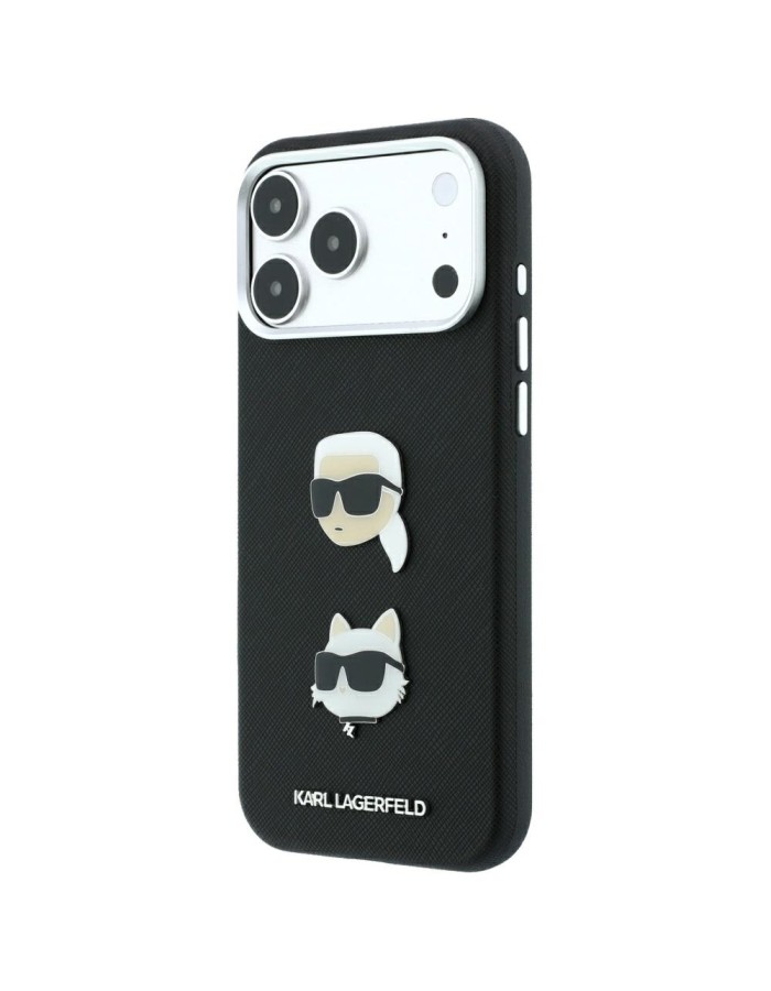 Karl Lagerfeld Saffiano Case with Karl &amp;amp; Choupette Heads Pins &amp;amp; Logo for iPhone 18 Pro Max / 17 Pro Max - Black