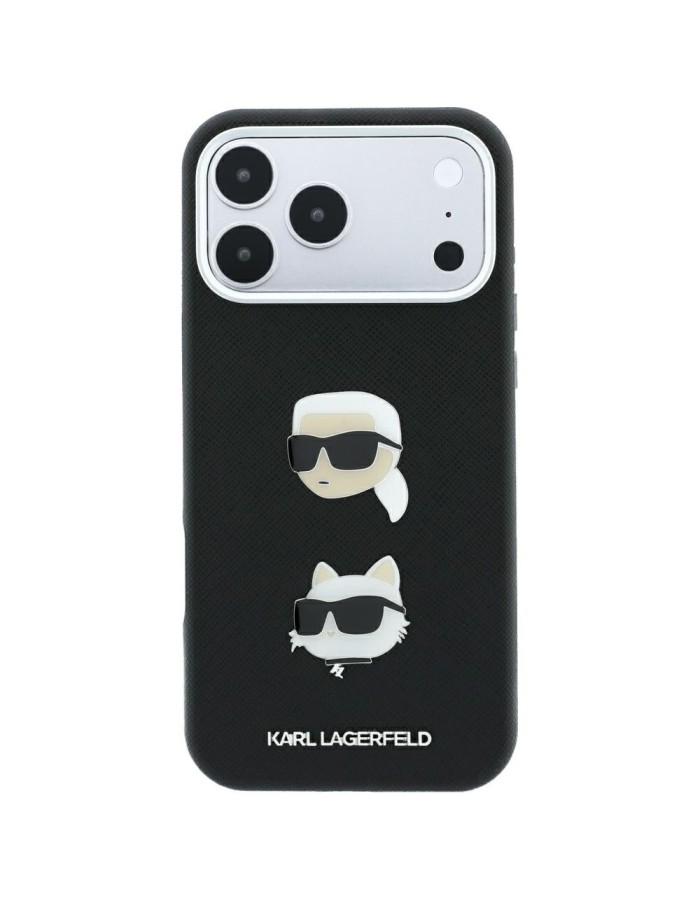 Karl Lagerfeld Saffiano Case with Karl &amp;amp; Choupette Heads Pins &amp;amp; Logo for iPhone 18 Pro Max / 17 Pro Max - Black
