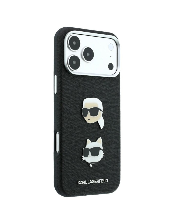 Karl Lagerfeld Saffiano Case with Karl &amp;amp; Choupette Heads Pins &amp;amp; Logo for iPhone 18 Pro Max / 17 Pro Max - Black