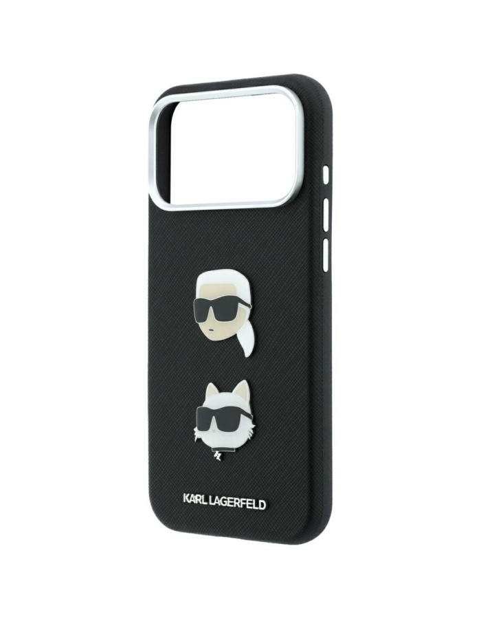 Karl Lagerfeld Saffiano Case with Karl &amp;amp; Choupette Heads Pins &amp;amp; Logo for iPhone 18 Pro Max / 17 Pro Max - Black