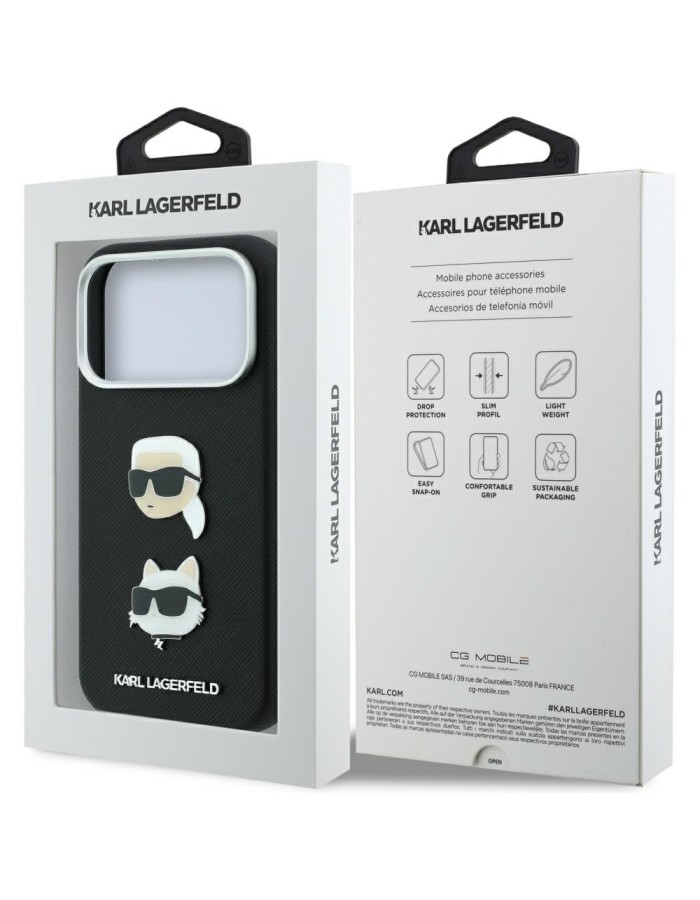 Karl Lagerfeld Saffiano Case with Karl &amp;amp; Choupette Heads Pins &amp;amp; Logo for iPhone 18 Pro Max / 17 Pro Max - Black