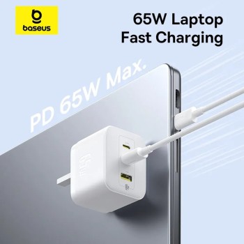 Baseus Charger Wall 65W USB-Cx2/USB-A UK+100W USB-C Cable PALM White