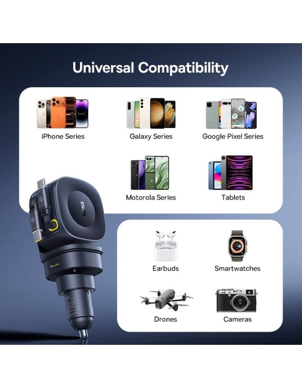 Baseus Car Charger 100W VR2 with Retractable Cable Max 65W Black
