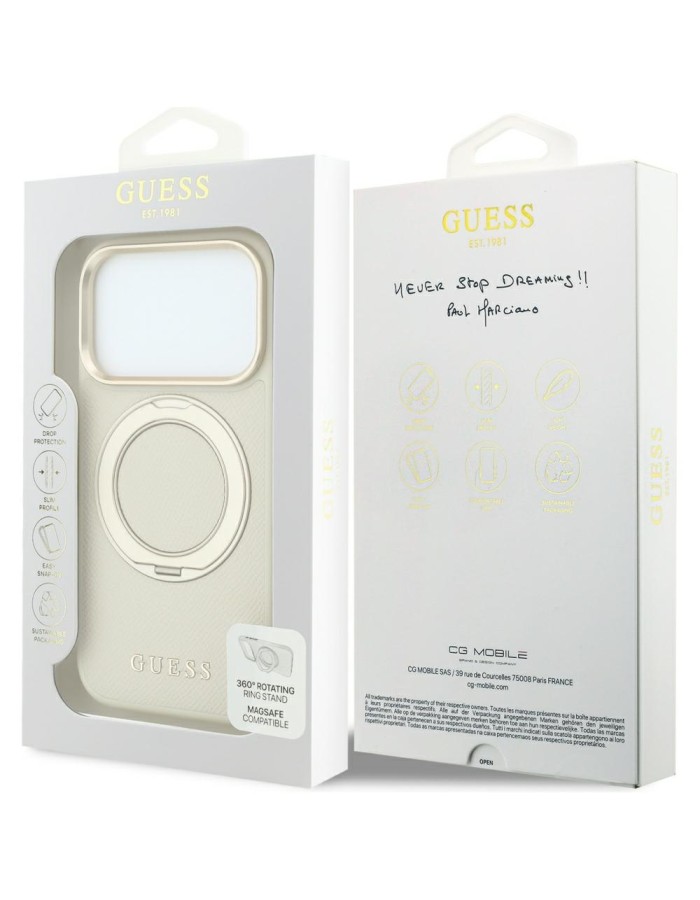 Guess Ring Stand 360 Grained Classic Logo MagSafe Case for iPhone 18 Pro / 17 Pro - Beige
