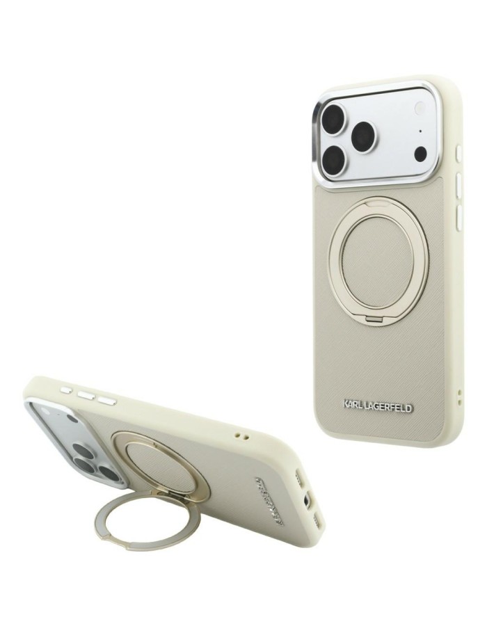 Karl Lagerfeld Ring Stand 360 Saffiano Classic Logo MagSafe Case for iPhone 18 Pro Max / 17 Pro Max - Beige