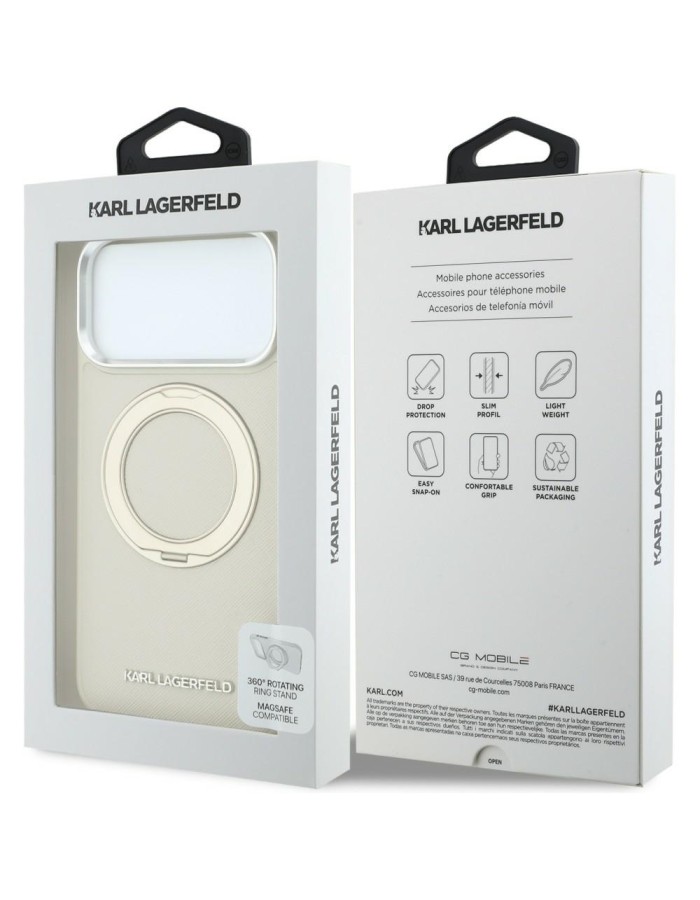 Karl Lagerfeld Ring Stand 360 Saffiano Classic Logo MagSafe Case for iPhone 18 Pro Max / 17 Pro Max - Beige
