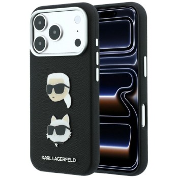 Karl Lagerfeld Saffiano Case with Karl &amp;amp; Choupette Heads Pins &amp;amp; Logo for iPhone 18 Pro / 17 Pro - Black