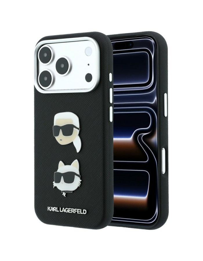Karl Lagerfeld Saffiano Case with Karl &amp;amp; Choupette Heads Pins &amp;amp; Logo for iPhone 18 Pro / 17 Pro - Black