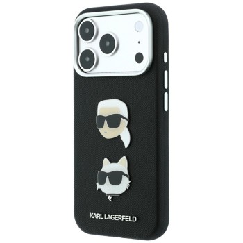 Karl Lagerfeld Saffiano Case with Karl & Choupette Heads Pins & Logo for iPhone 18 Pro / 17 Pro - Black Karl Lagerfeld Saffiano Case with Karl & Choupette Heads Pins & Logo for iPhone 18 Pro / 17 Pro - Black